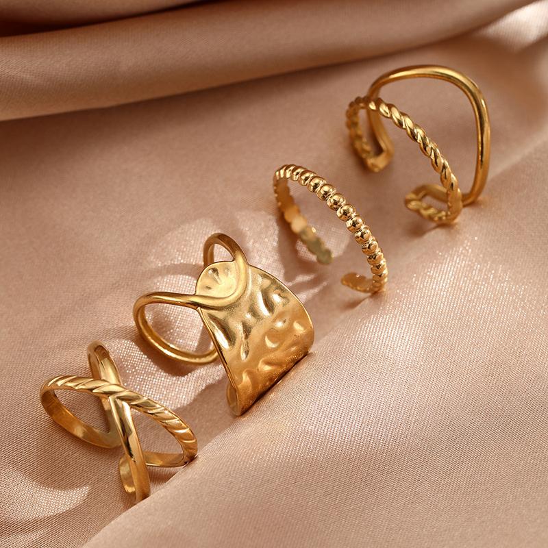 Stainless Steel Cross Geometric Open Ring Set for Women Hip-Hop Twisted Metal Lines Stacked Rings Personality Party Jewelry Gift