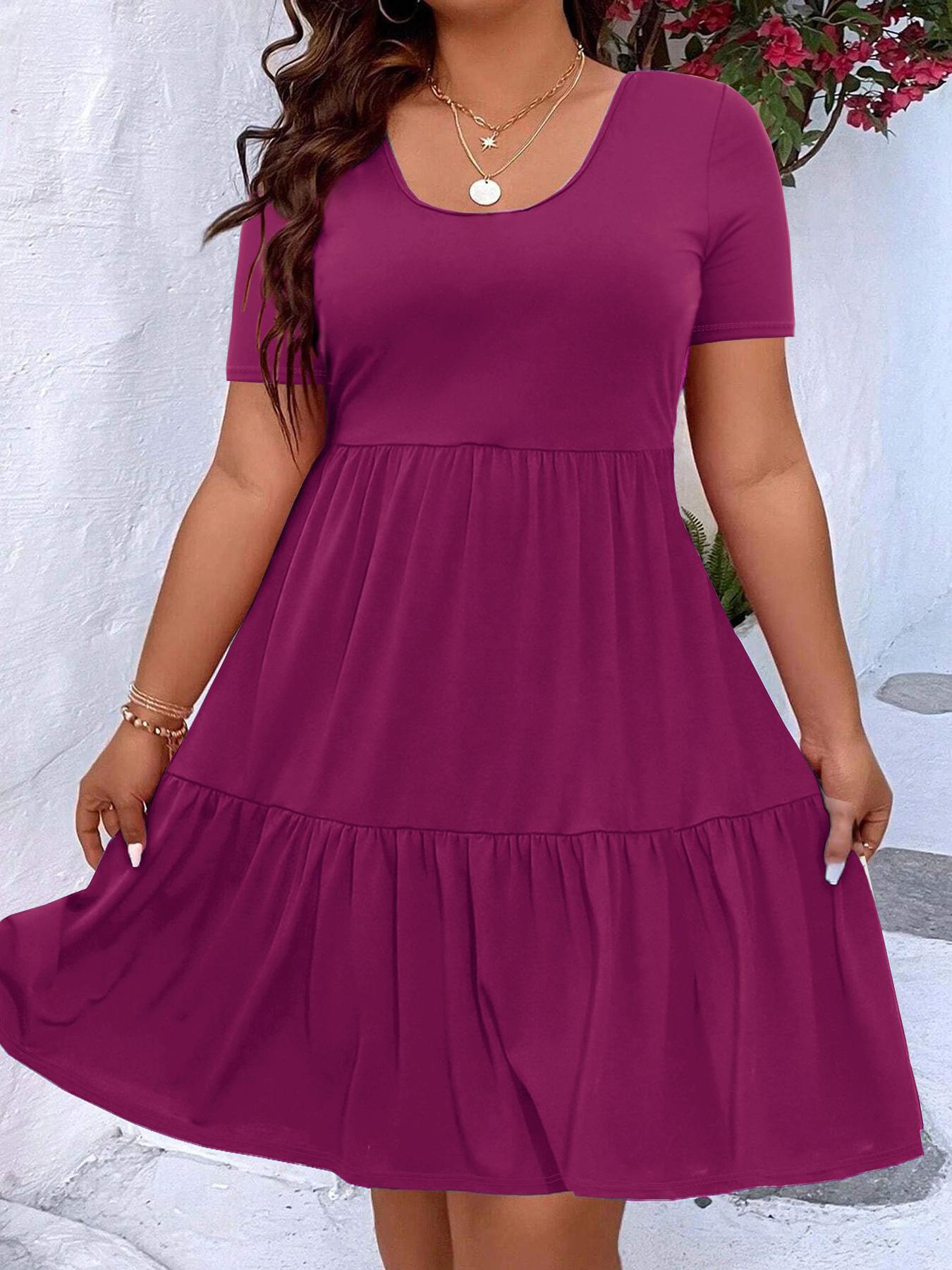 Stylish Women s Pleated  Color Casual Elegant Round Neck Dress XL винный