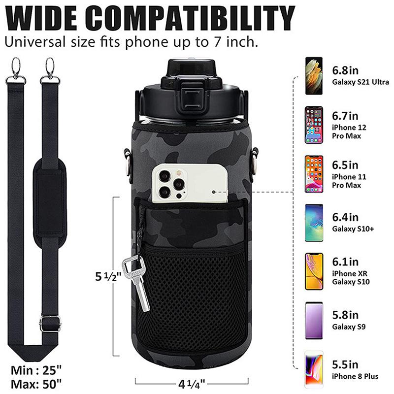 Portable Water Bottle Carrier Bag With Phone Pocket For Stanley 64Oz Tumbler With Handle Neoprene Water Bottle Holder Pouch