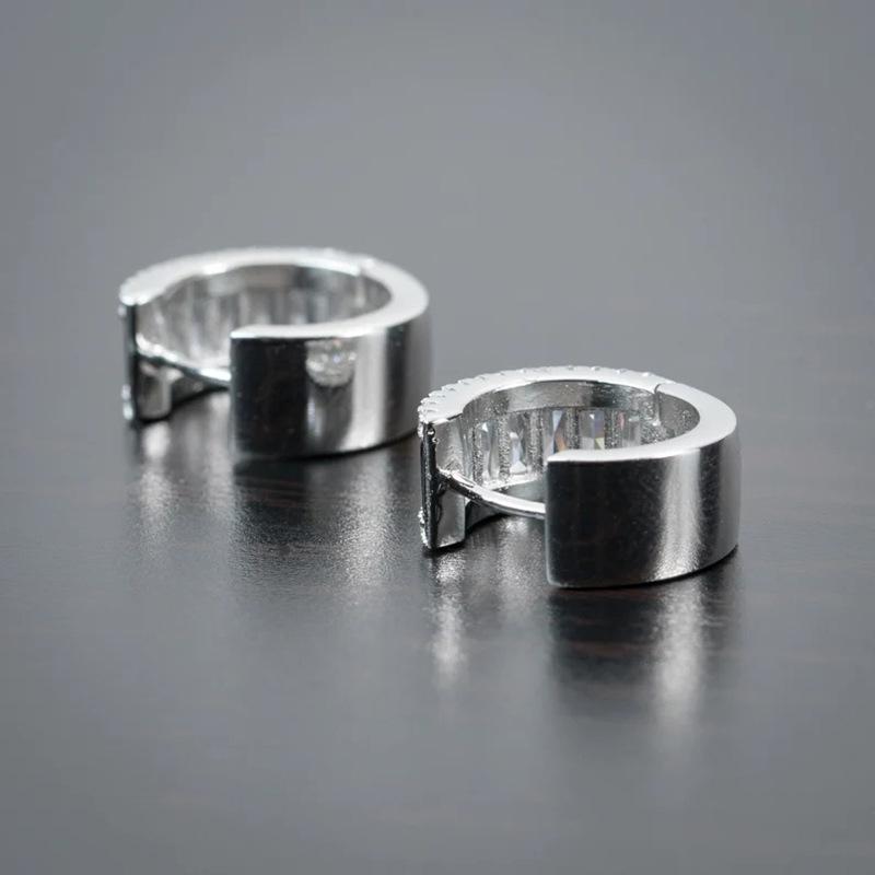 Wide Curved Half Hoop Earrings Center Baguette Cut Cubic Zirconia with Side Round Stone Paved Silver Tone Formal Banquet Ladies Accessories