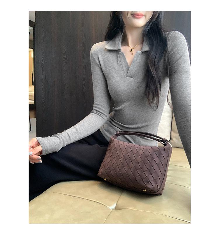 Elegant Korean Style Grey Slim Fit Lapel T-shirt: Women's Autumn/Winter Long Sleeve Base Layer Top