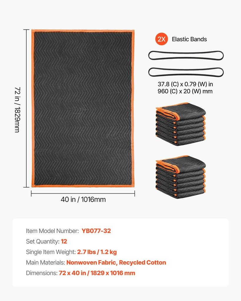 Moving Blankets 12 Pcs, 1829 X 1016 Mm (14.5 Kg/dz) Large Packing Blankets with Cotton Filling, Heavy Duty Nonwoven Fabric Padded Moving Blanket for