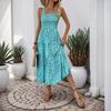 Summer New Printed Maxi Dress, Sleeveless Spaghetti Strap Elastic High Waist Long Sundress, Leisure Casual Dress for Women