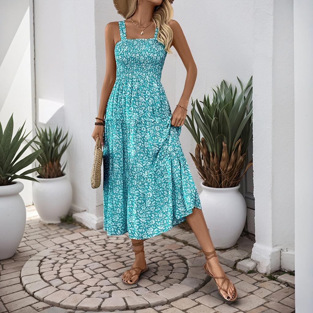 Summer New Printed Maxi Dress, Sleeveless Spaghetti Strap Elastic High Waist Long Sundress, Leisure Casual Dress for Women