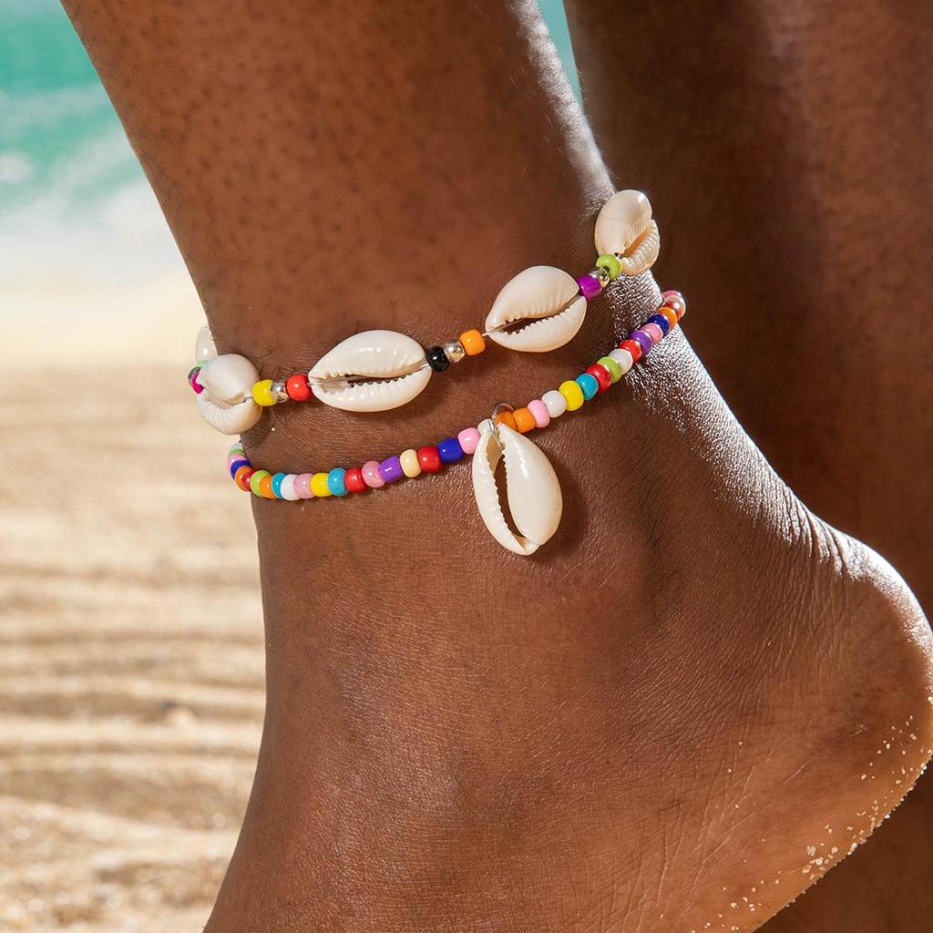 2pcs Fashionable and Simple Bohemian Beach Shell Rice Bead Foot Chain Women's Jewelry Colorful Foot Chain Accessories