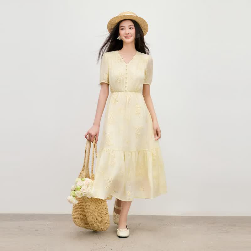 Autumn Water Lady V-Neck Puff Sleeve Embroidered Dress