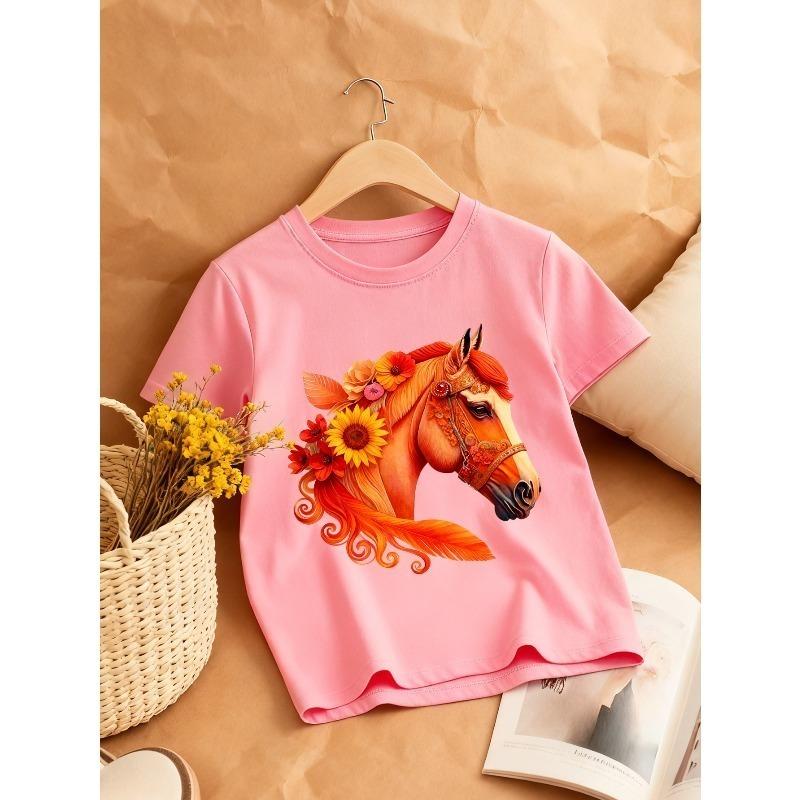European sizes Girls' Sunflower & Horse Print Round Neck T-Shirt - Casual Summer Blouse Top with Sunflower & Equestrian