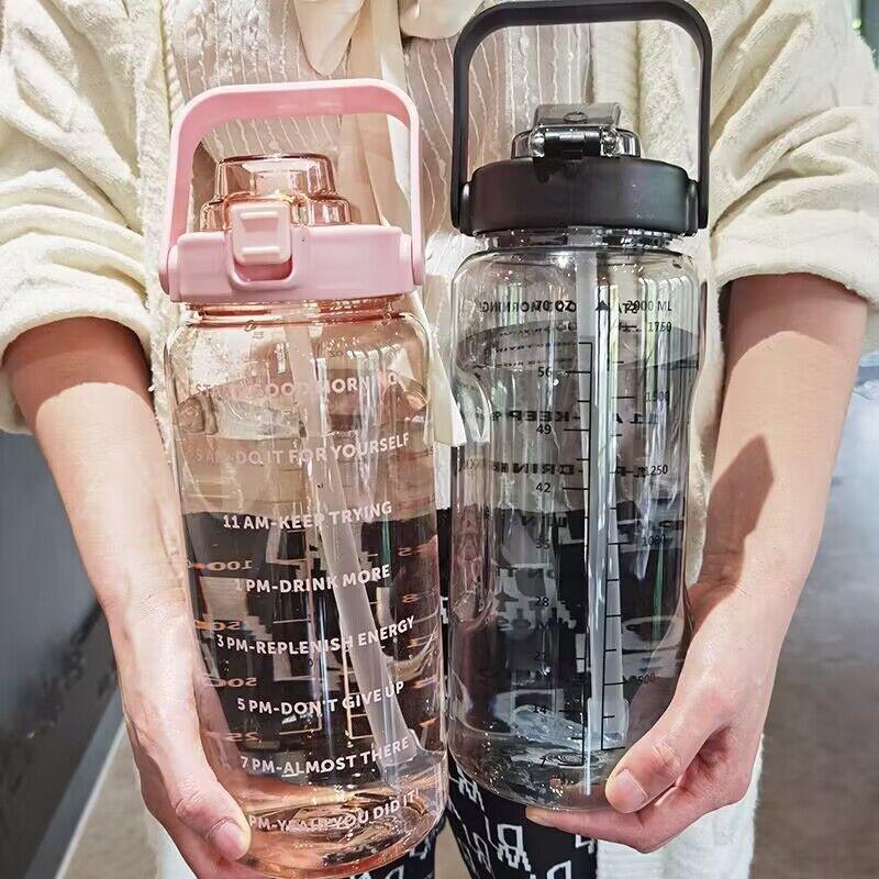 Water bottle large capacity water cup summer sports 1000ml graduated straw plastic cup high temperature water bottle large kettle portable