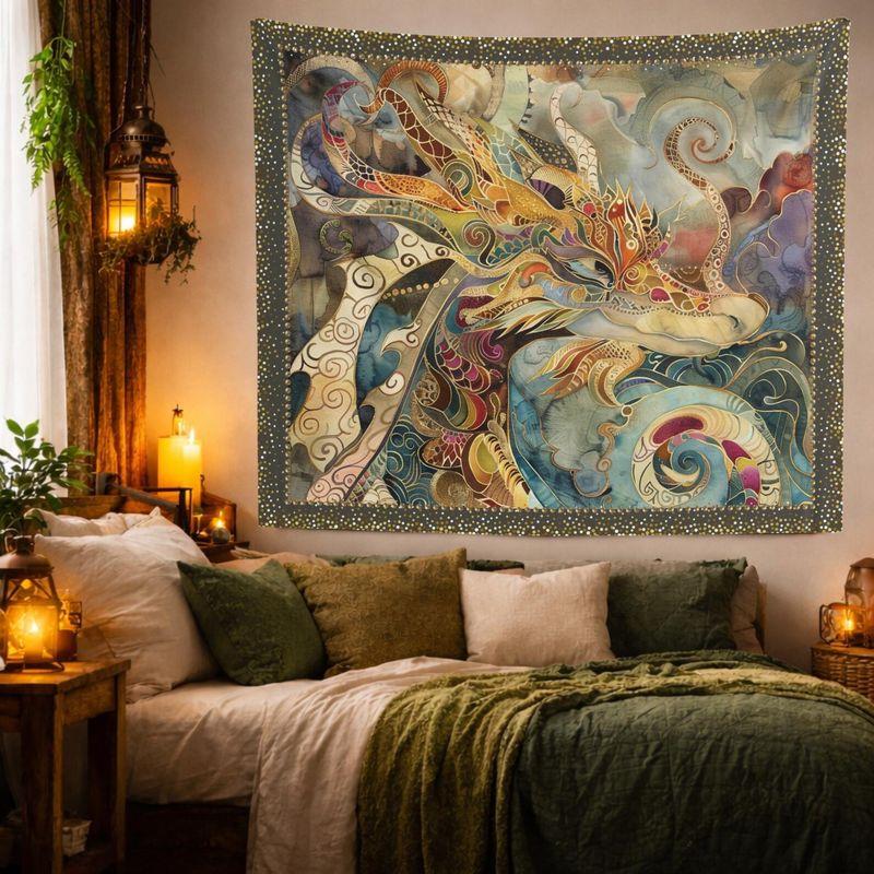 Watercolor Dragon Cloud Swirl Decor Wall Tapestry Colorful Asian Serpent Ornate Frame Oriental Art Bedroom Living Room