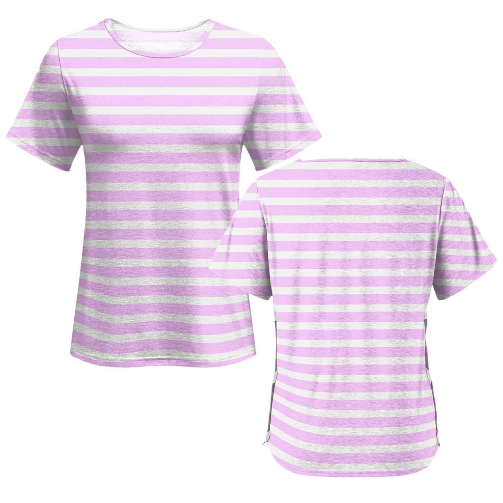 Chemise de couleur à manches courtes post-opératoire pour femme avec fermeture éclair à l'épaule et fermeture latérale.