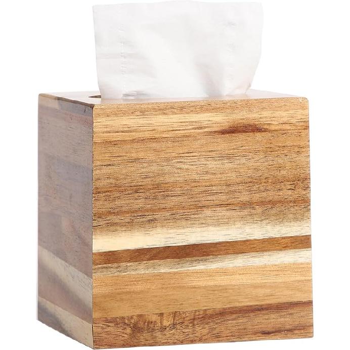 Tissue Box Cover, Wood Tissue Box Cover Square, Farmhouse Tissue Box Holder Covers Your Tissues, Decorative Tissue Cube Box Cover with Slide-Out Acacia-square