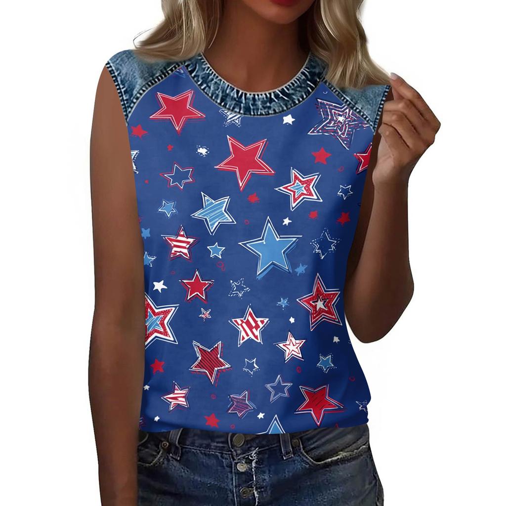 Women Sleeveless Pullover Tank Top Casual Round Neck Star Print Shirt Lightweight Summer Blouse Relaxed Fit