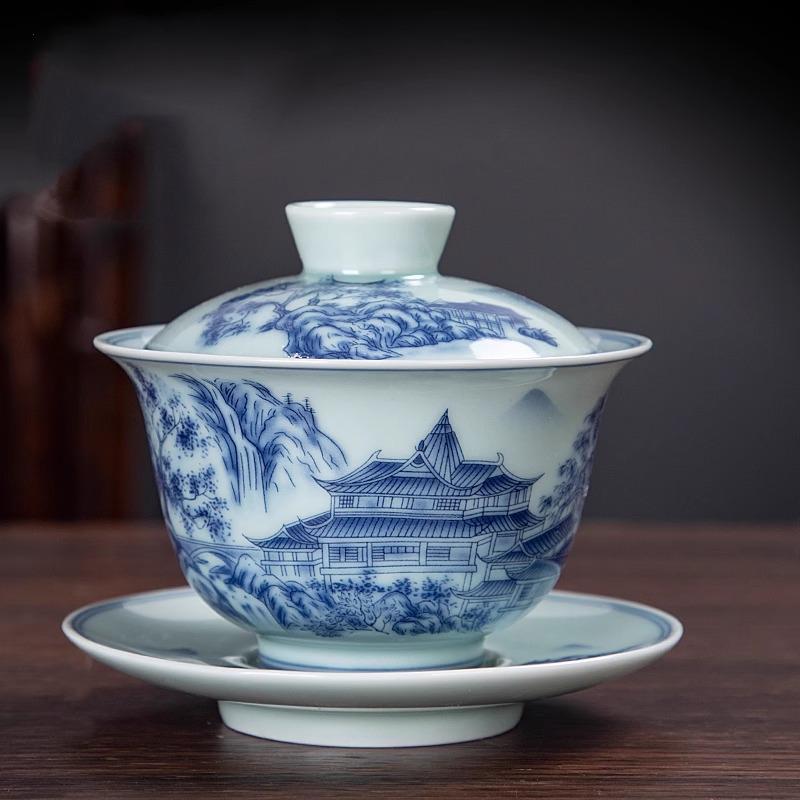 Large Blue & White Retro Sancai Gaiwan Ceramic Tea Cup with Infuser - Kung Fu Tea Set