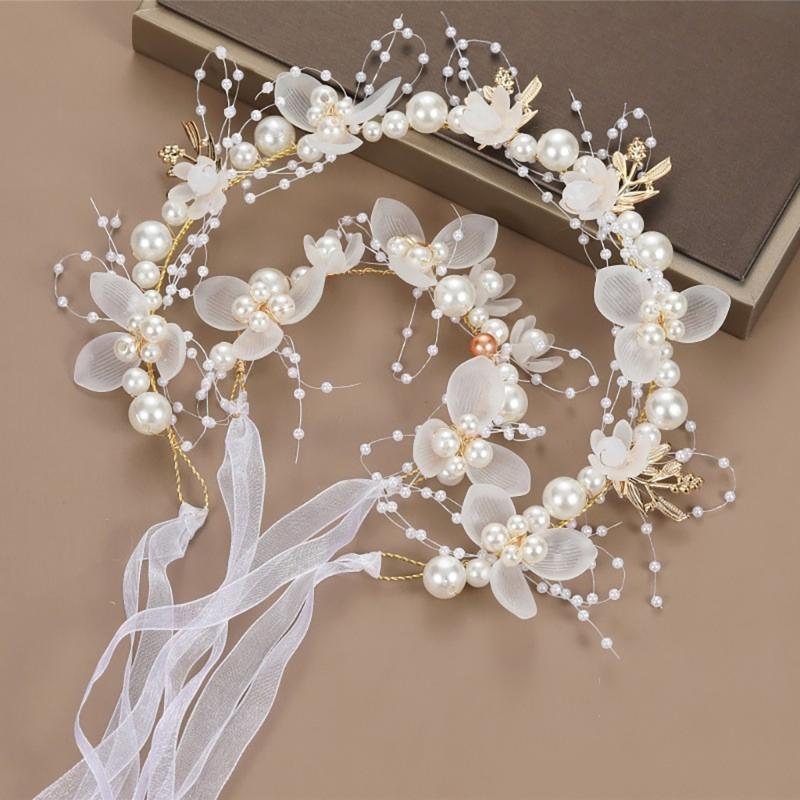 Flower Girl Tiaras Headband with Wrist Flower Artificial Pearls Flower Hairhoop For Wedding Dress And Formal Occasion