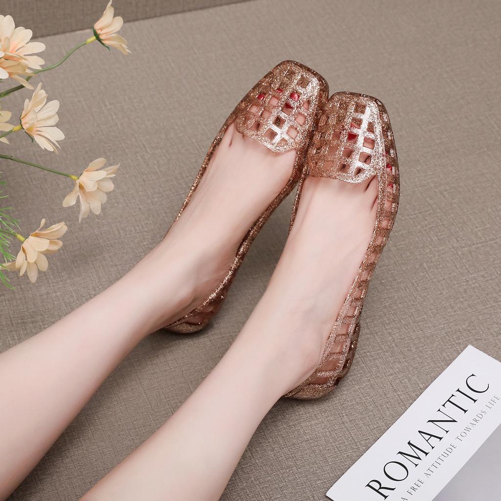 Square Head Flat Bottom Sandals Women's Summer Outer Wear Hollow Bag Bag Heel Jelly Shoes Beautiful Small Heel Shallow Mouth Fashion Shoes