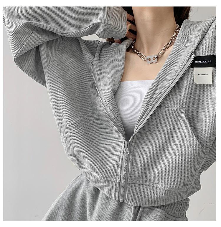 Waffle long-sleeve sports jacket for women, early autumn new high street Korean style INS loose versatile slimming hooded sweatshirt M светло-серый