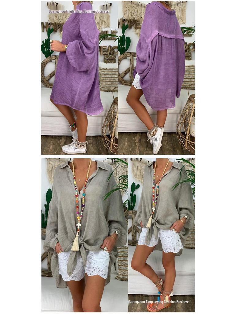 Plus Size Women's Cotton & Linen Long Sleeve Casual Button-Up Shirt