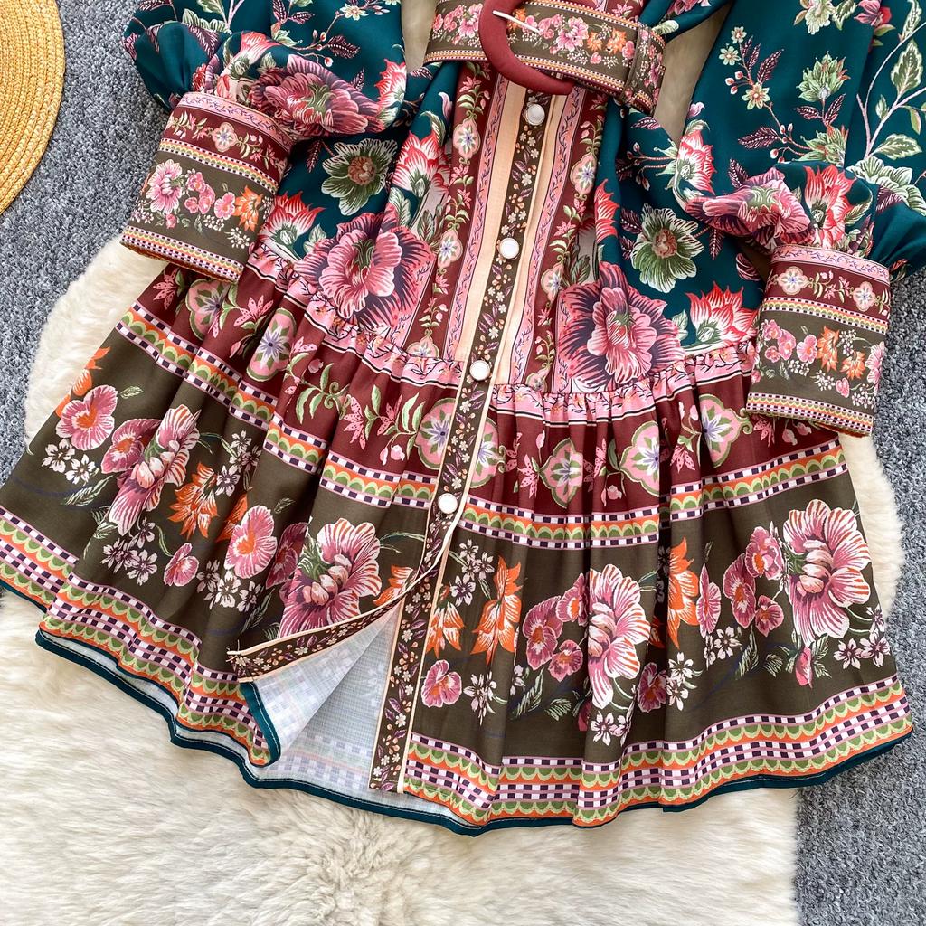 Women's Summer Dress Vintage Designer Print Mini Dresses Stand Collar Single Breasted Party Shirt Dress with Belt
