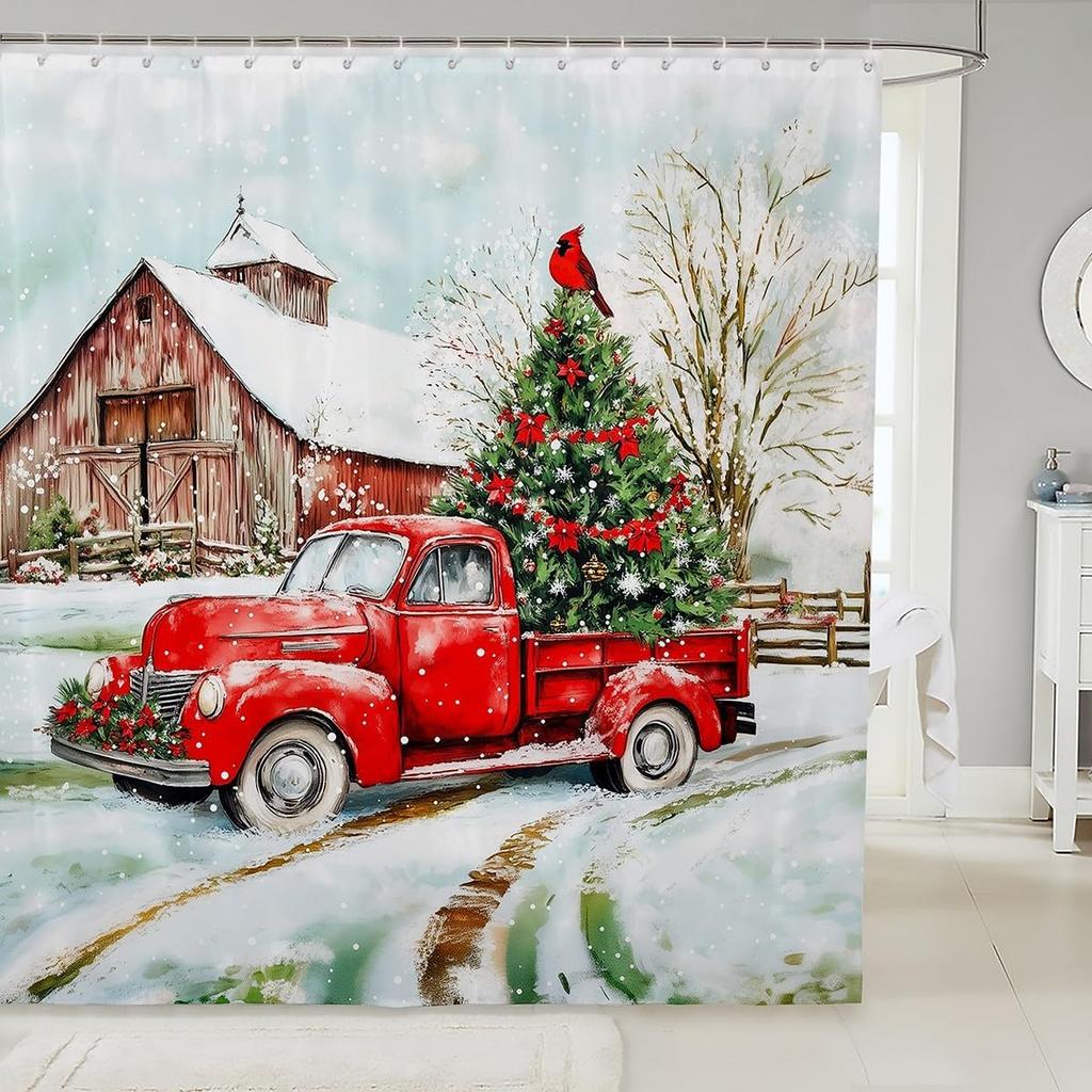 Christmas Happy Santa Claus Shower Curtain Red Xmas Decorations Fabric Shower Curtain,White Snowflake Bathroom Shower Curtain