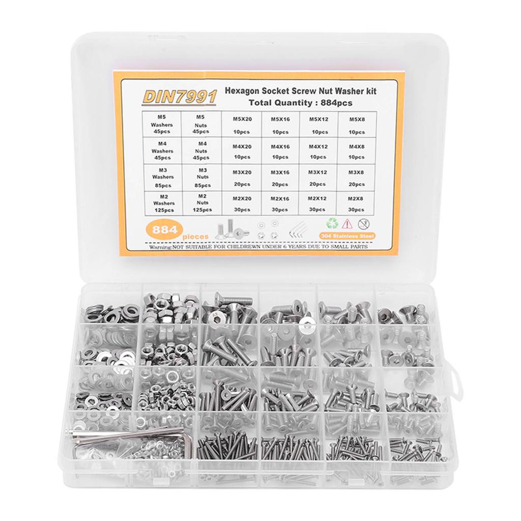 M2 M3 M4 M5 Countersunk Head Hex Socket Screw 304 Stainless Steel Screw Nut Washer Assortment Set