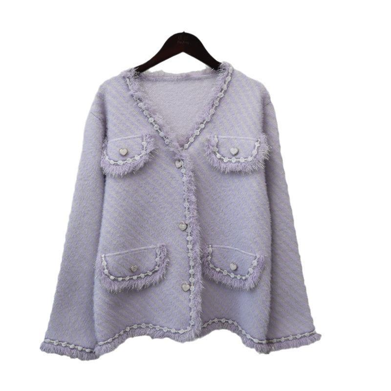 Autumn and Winter New Imitation Mink Velvet Knitted Cardigan Love Buckle High-end Temperament Sweater Jacket Women