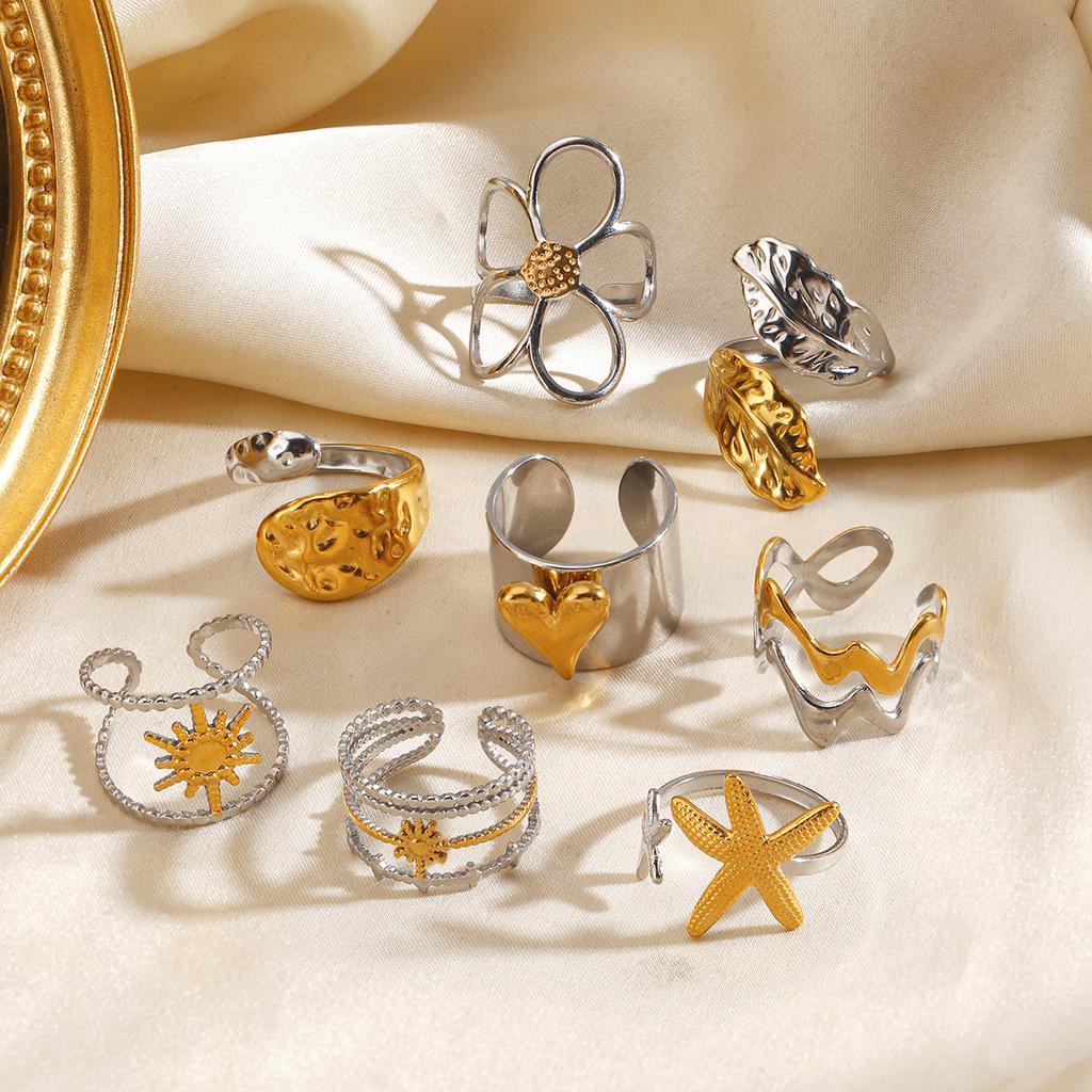 Vintage Gold Silver Color Flower Leaf Rings for Women Stainless Steel Irregular Chain Heart-Shaped Starfish Rings Jewelry Gifts