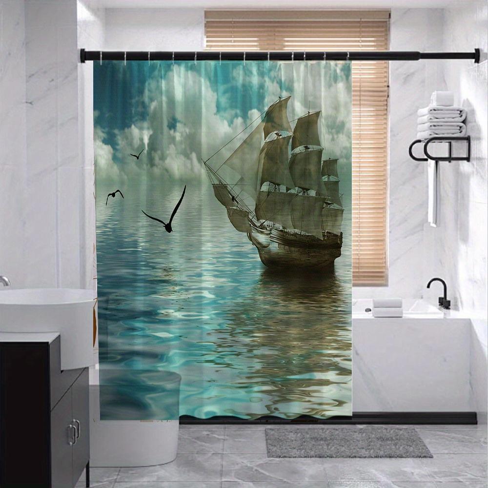 Sailing Ship Shower Curtain, Majestic Wooden Ship With Billowing Sails, Calm Waters & Cloudy Sky, Maritime Bath Decor