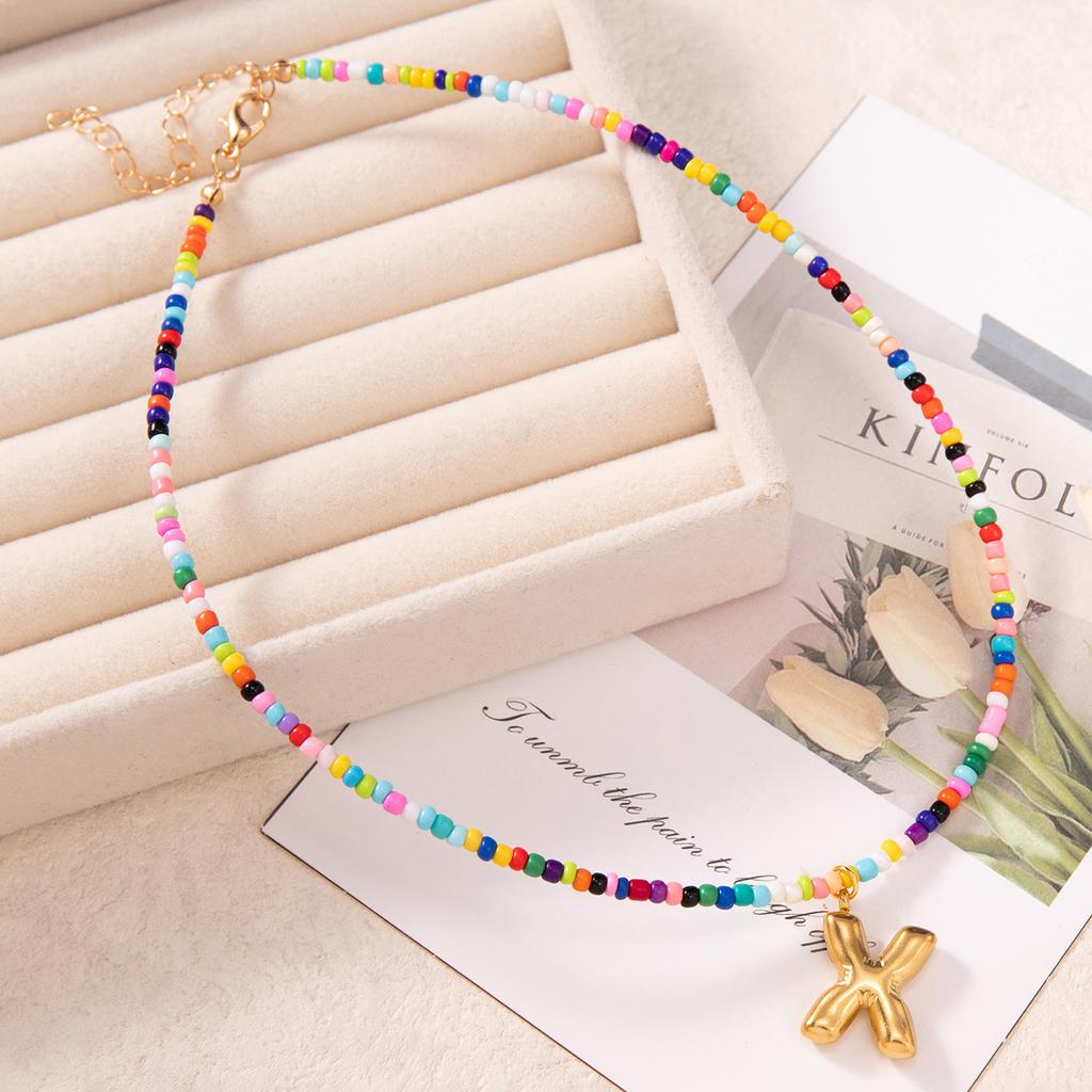Bubble Alphabet Colored Rice Beads Handmade Beaded Delicate Beach Bohemian Necklace Collarbone Chain