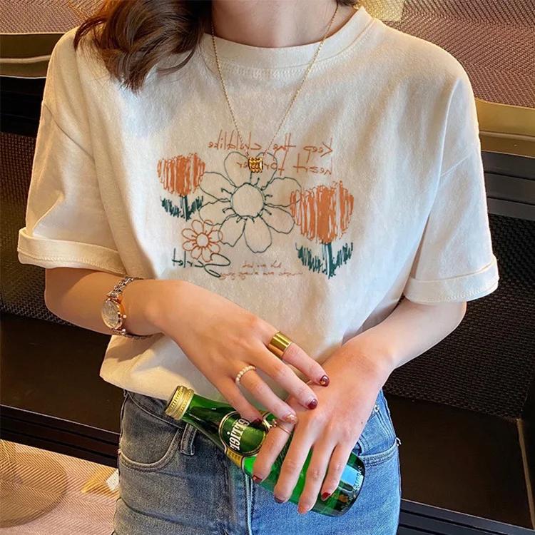 

White Casual Ort Sve T-irt Women s Top Korean Sle Chic Round Ne Print Summer Irt Graphic T Shirts Summer Streetwear Harajuku Y2K XXXL