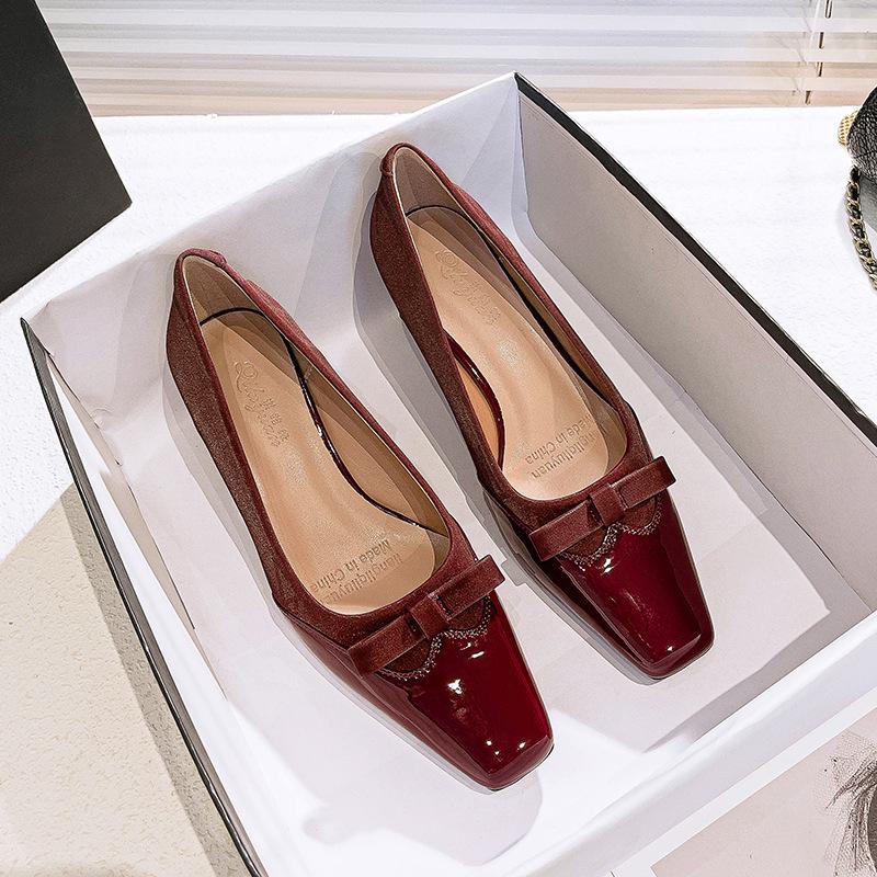 

French high heels thick heel bow splicing small fragrant single shoes 2024 new spring and autumn square head mid-heel shoes 34 бордовый