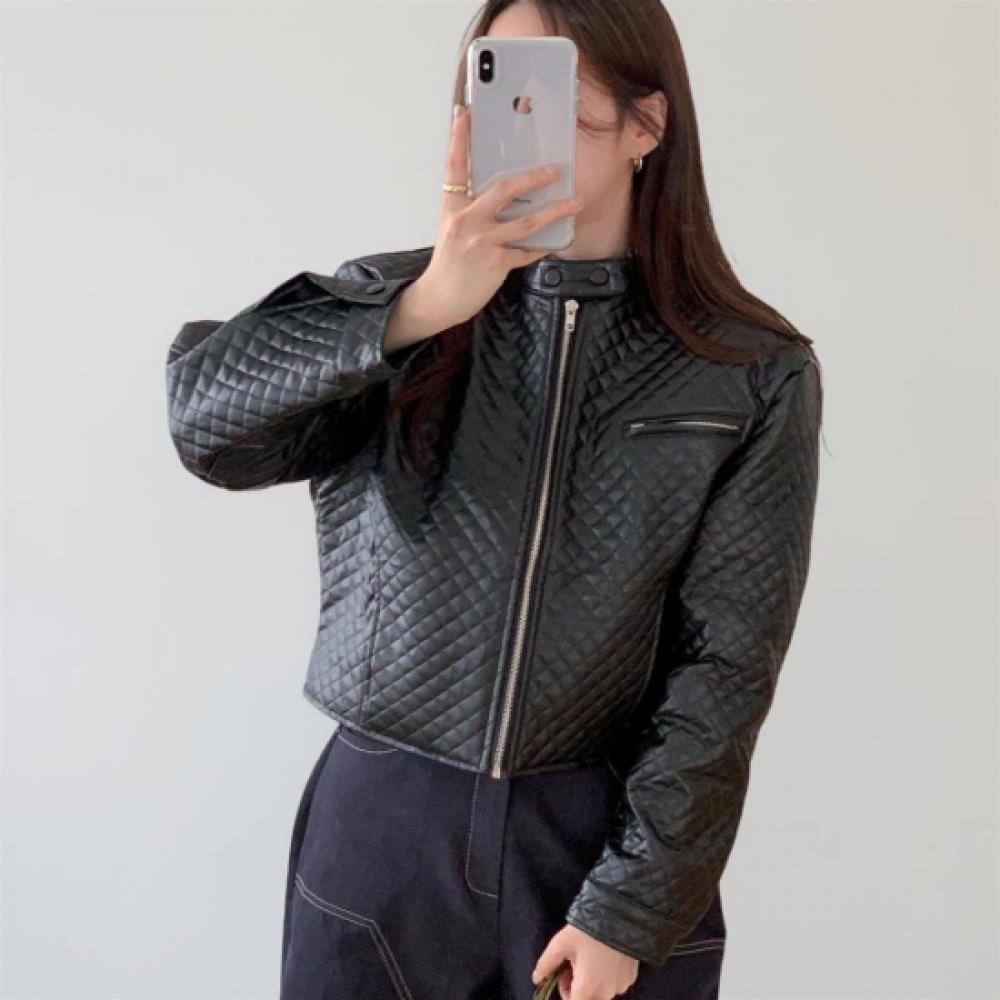 New Arrivals Open Run Women Diamond Button Neck Crop Boxy Quilted Jacket