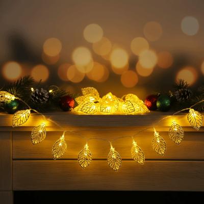 Warm White LED Decorative Lamp Golden Metal Leaf Shaped Design Decorative Lights Hollow Design Battery Operated Atmosphere Light