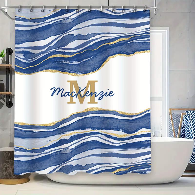 Personalized Shower Curtain Custom Name Design with Blue Gold Waves Modern Bathroom Decor for Girls Boys Easy Installation Showe