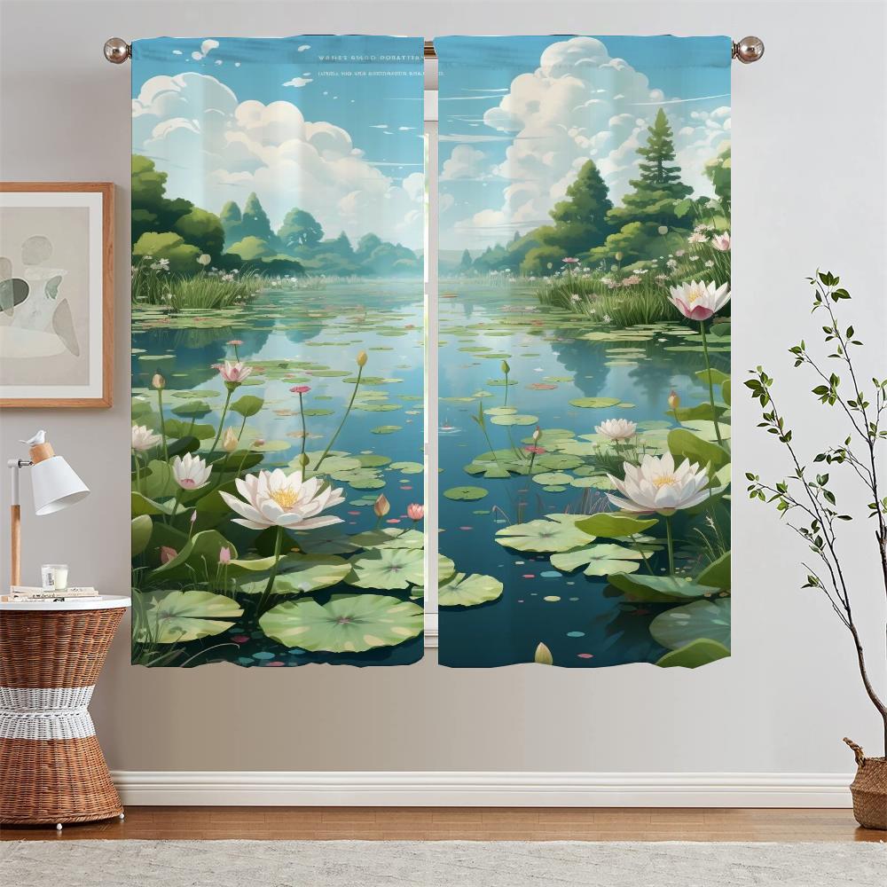 Summer Theme Lotus Pond Kitchen Curtains Livingroom Elegant Room Curtains for Bedroom Decoration Home and Decoration Blackout