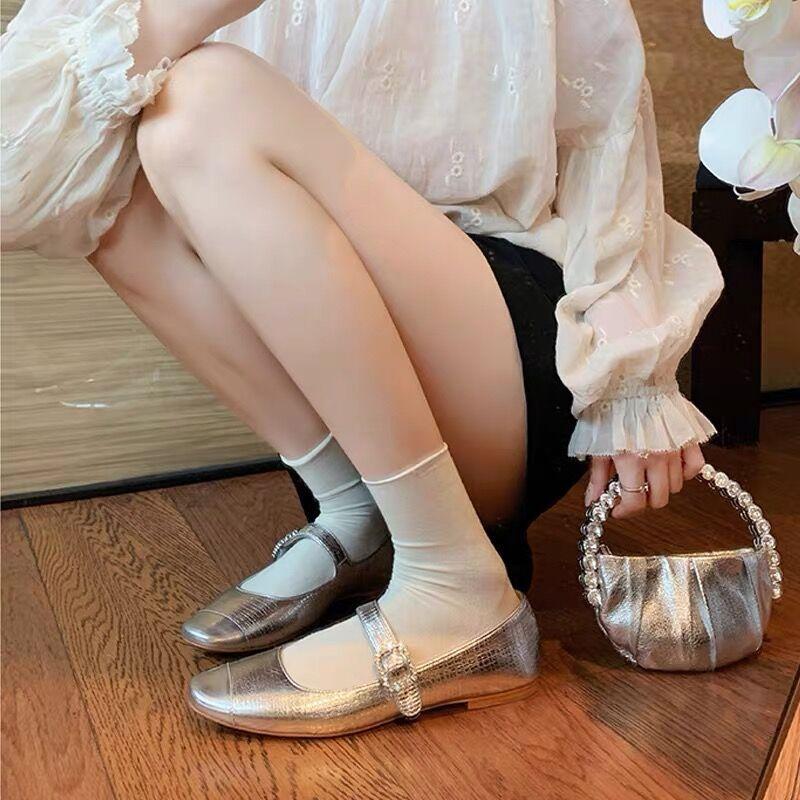 Leather Version Shoes Silver Mary Jane Shoes Women's Thick Heel Versatile Light Mouth Single Shoes Round Head Rhinestone Buckle French High Heels