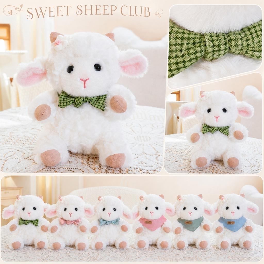 Plush Sitting Lamb Stuffed Animal Toy with Scarf Soft Fabric Cute Design for Kids and Collectors Gift