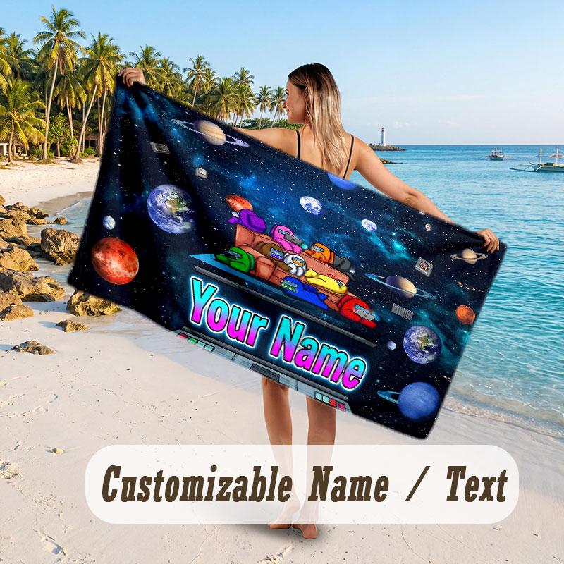 Personalized Beach Towel,Among Us Custom Printed Name Text, Super Absorbent Towel For Beach Vacation