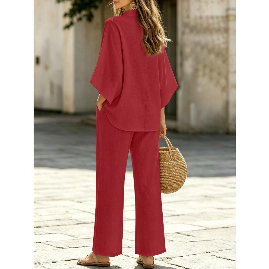 YYFS Moda Donna Casual Estate Primavera Colore Solido Stampa Manica 3/4 Scollo a V Pantaloni Completi Pantaloni