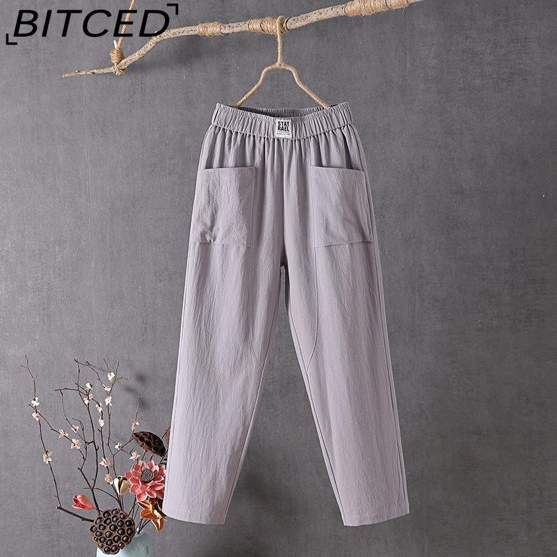 BITCED Summer Women Trousers Casual Cotton Linen Pants Loose Straight Trousers Nine Point Harem Pants