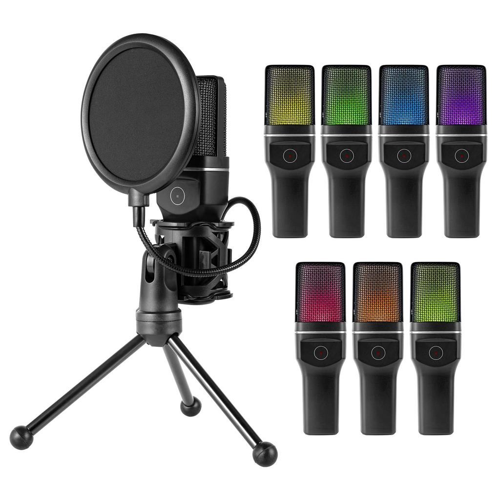 Wireless Condenser Gaming Microphone with RGB Lighting, Noise Cancellation, Unidirectional, Built-in 2.4G Type-C, Plug & Play, for PC Gameplay, Live