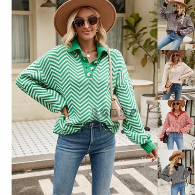 2024 Autumn/Winter New European And American Women'S Fashion Striped Knitwear Long Sleeve Color Blocked Collar Sweater