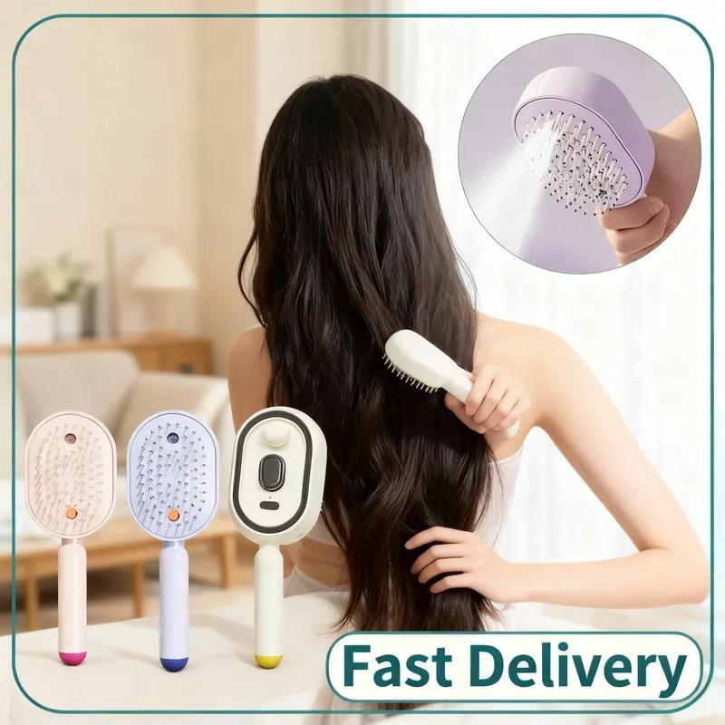 Electric Spray Hair Brush 2 In 1 Misting Steam Comb Anti Static Reduce Frizz Retractable Design Detangling Daily Hair Tool