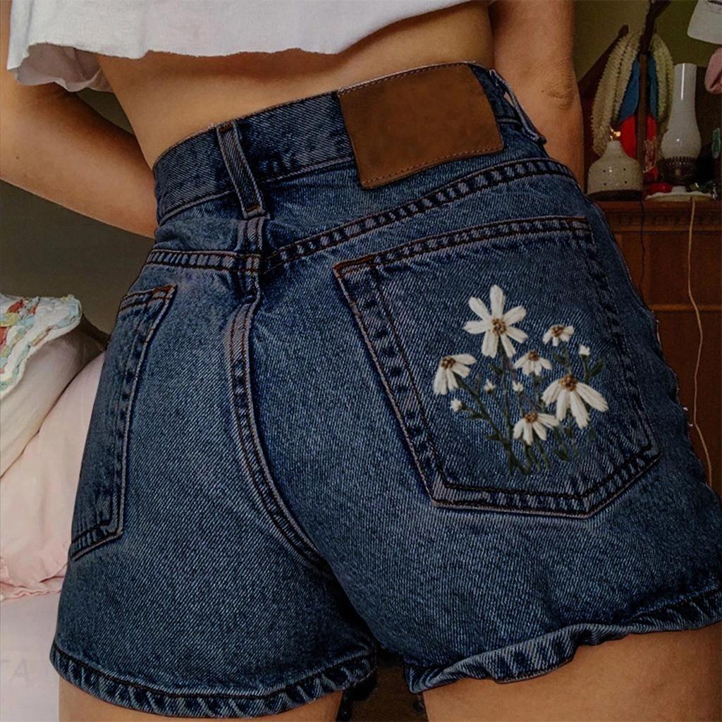 Damen, Jeansshorts, Stickerei, Vielseitig, Jeans, Freizeit, Damenbekleidung