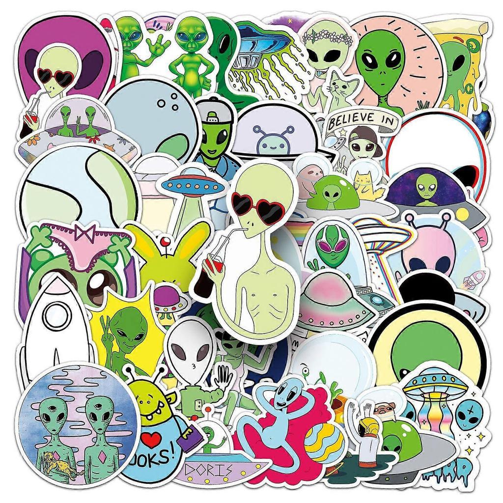 50 Alien Doodle Cartoon UFO Stickers - Waterproof DIY Journal, Skateboard, and Luggage Stickers