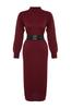 Women's Hijab Dress New Season Fashion Plum Faux Leather Belted High Collar Knitwear Dress