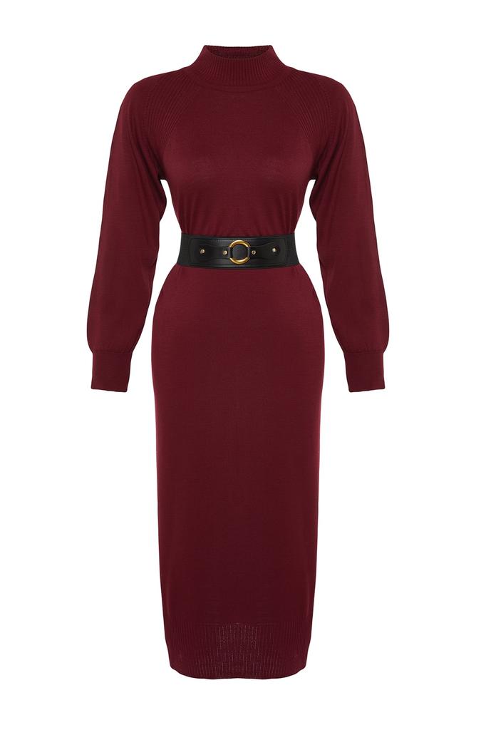 Women's Hijab Dress New Season Fashion Plum Faux Leather Belted High Collar Knitwear Dress