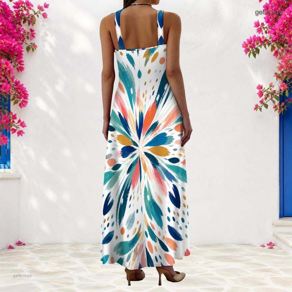 Women Plus Size Scoop Neck Strappy Sleeveless Printed A Line Maxi Dress