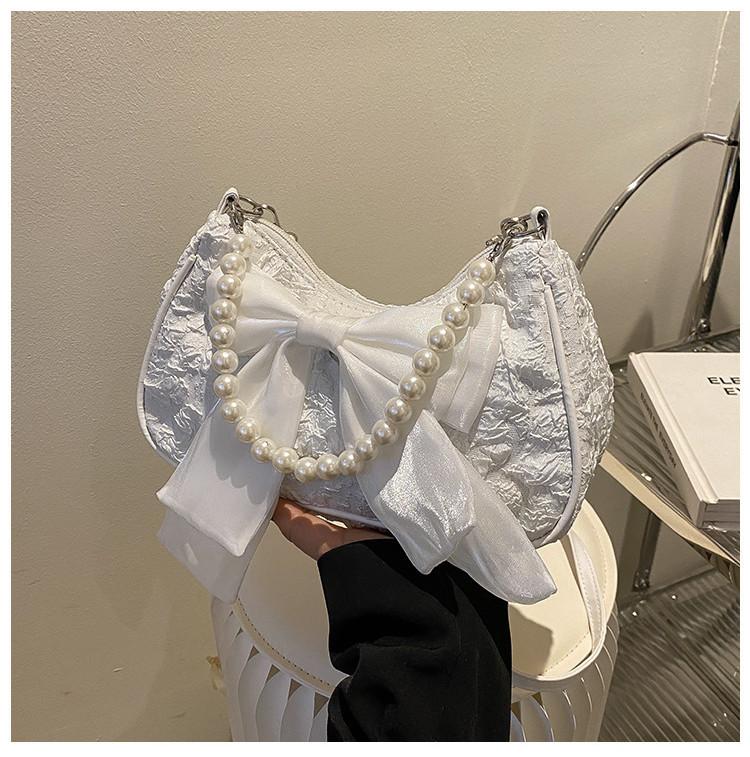 2024 New Fashion Small Shoulder Bag Women Stylish Crossbody Bag With Cute Pleats And Lovely Bow Pearl Handbag In White