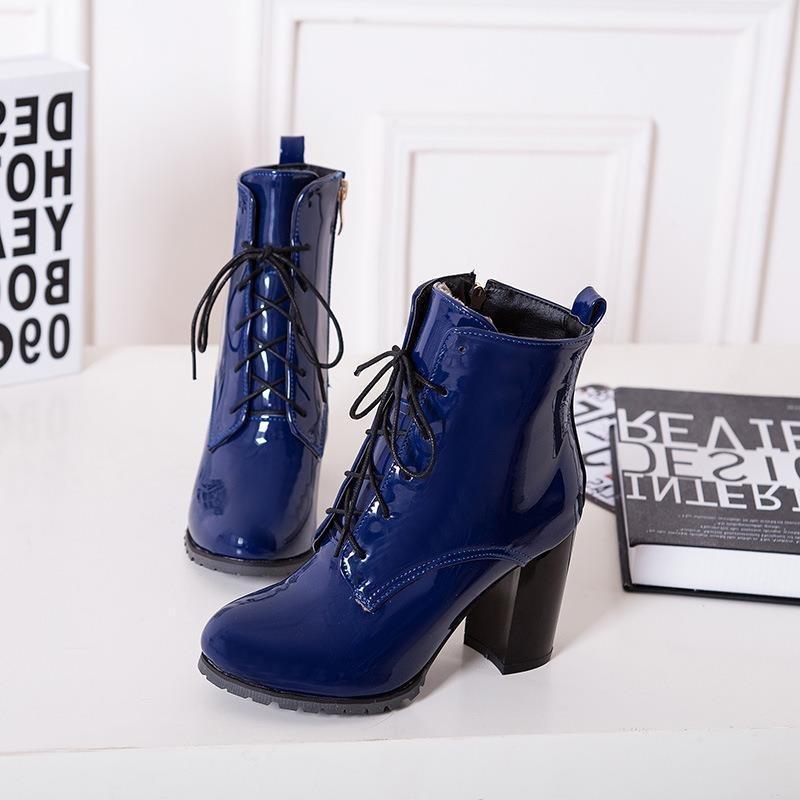 Fashion Women's Boots Ankle New Bohemian Patent Leather Front Tie Ankle Boot 7CM Square Heel Zipper with Lace Ties Women Shoes