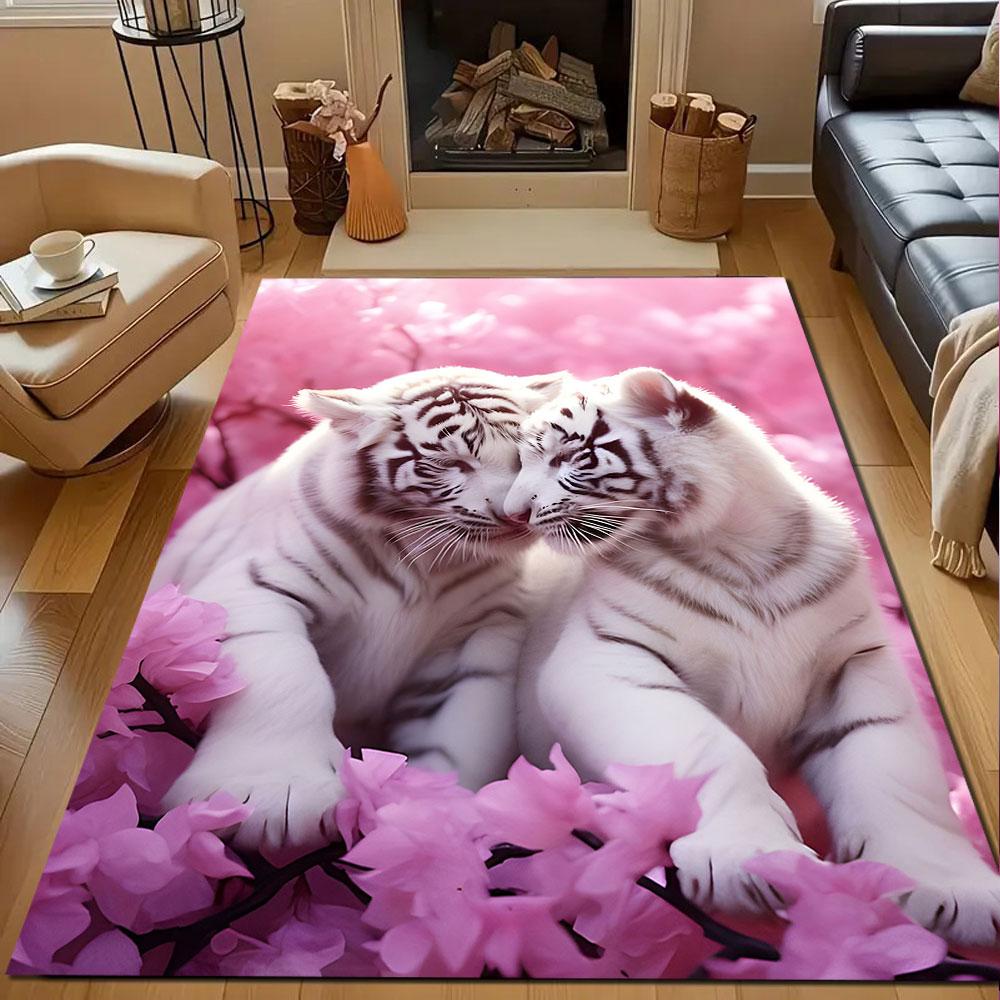 "White Tigers in Pink Blossom Scenery" Patterned carpet, non slip mat suitable for living room and bedroom sofas